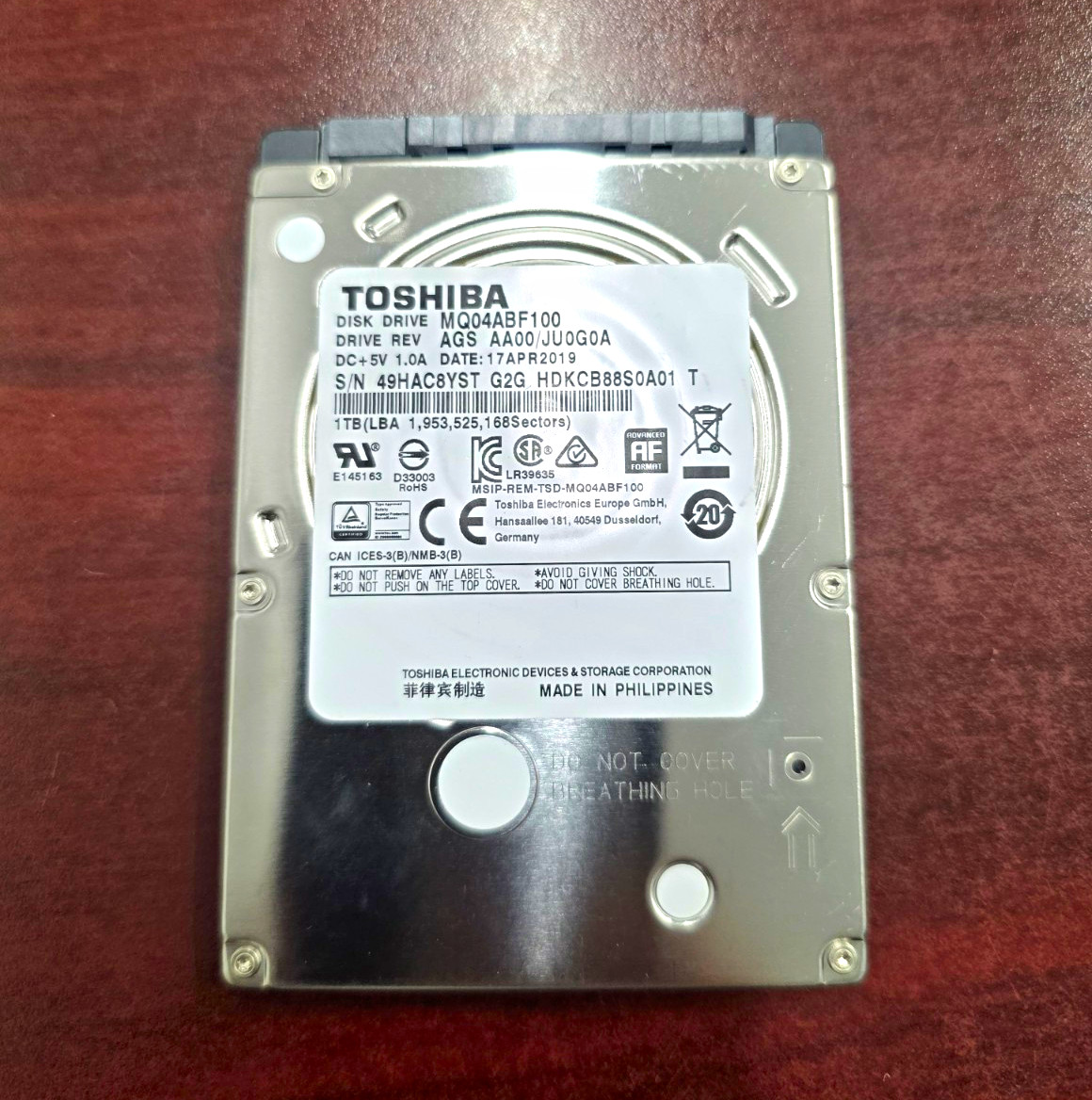 Toshiba MQ04ABF100 1TB 2.5" SATA 5400RPM HDD 128MB 6Gbps Shock Sensor