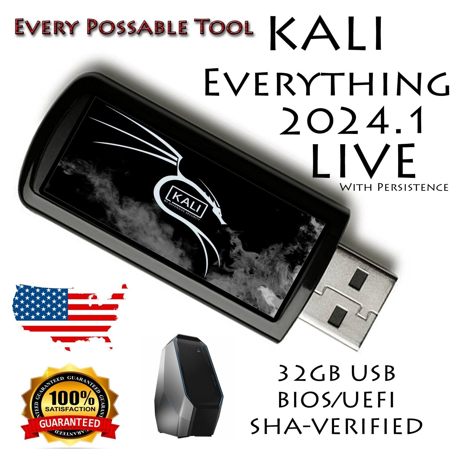 Kali Linux Everything 2024.1 32GB USB - UEFI/Legacy - W/Persistence - AMD 64BIT