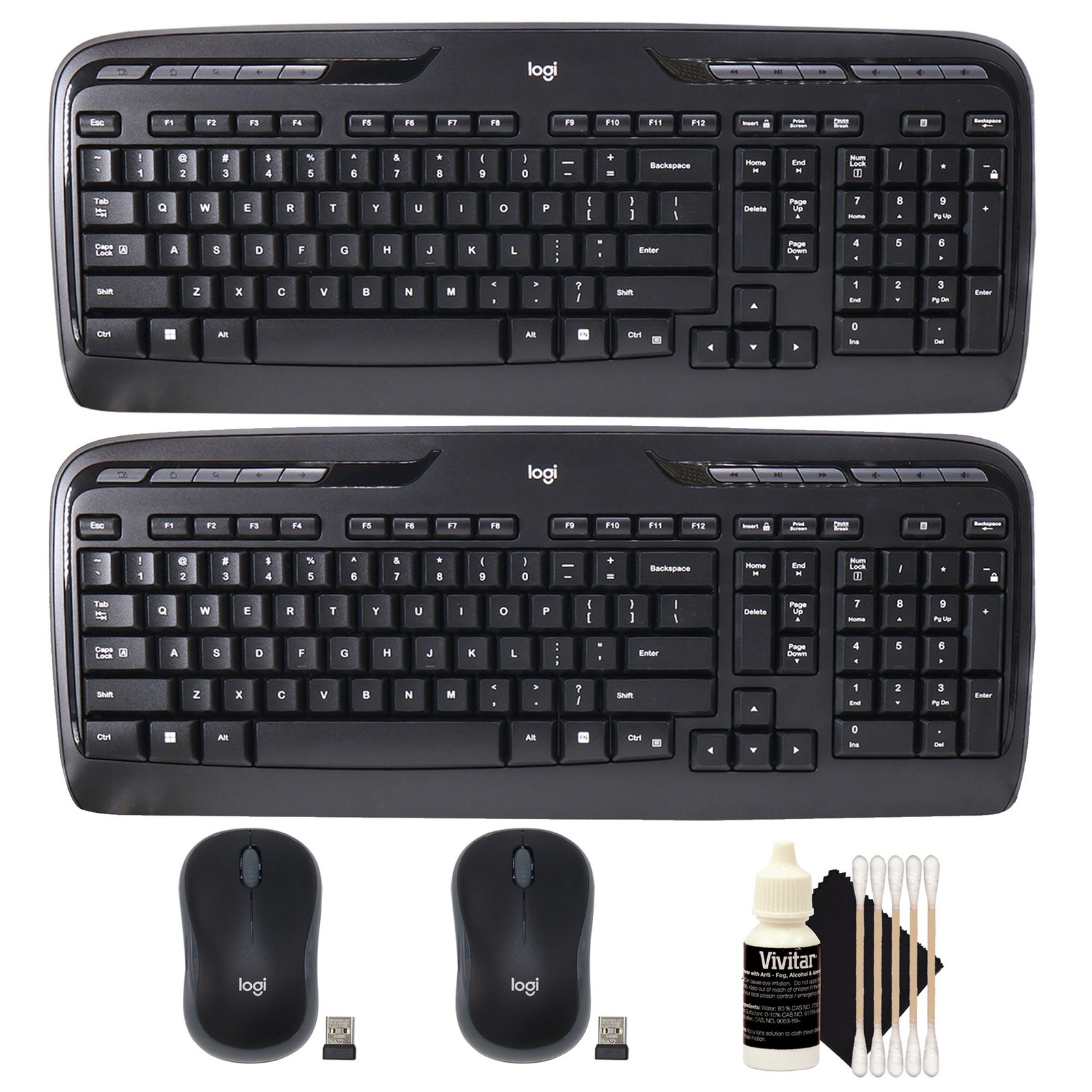 2x Logitech MK320 Full-size Wireless Membrane Keyboard, Mouse Kit + Cleaning Kit