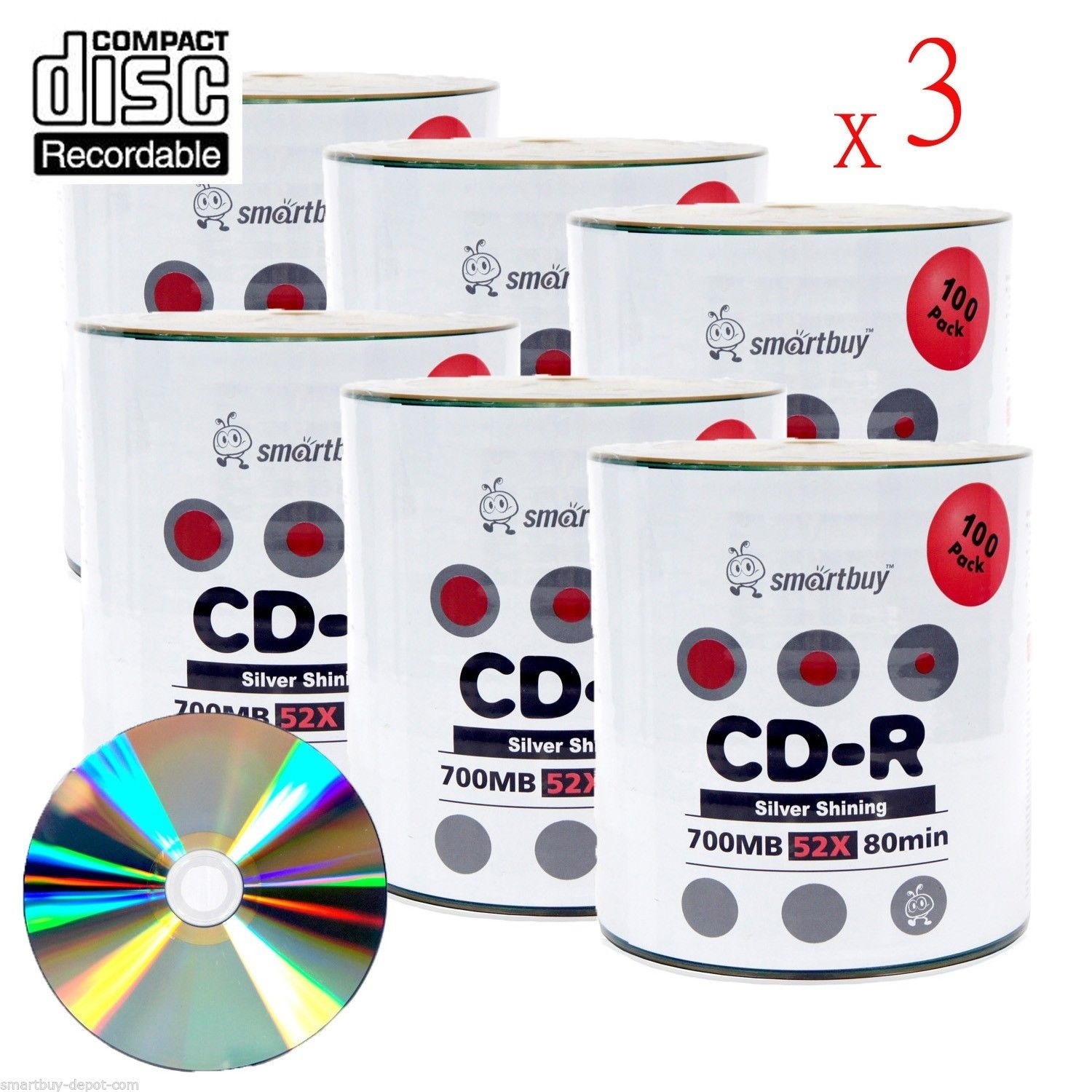 1800 Smartbuy CD-R 52X 700MB/80Min Shiny Silver Top Recordable Blank Media Disc