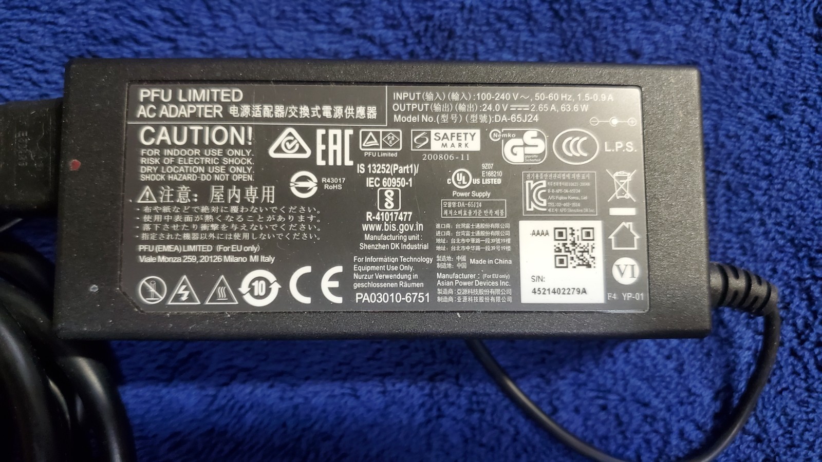 PFU Limited Model DA-66J24 Power Supply for Fujitsu Scanners