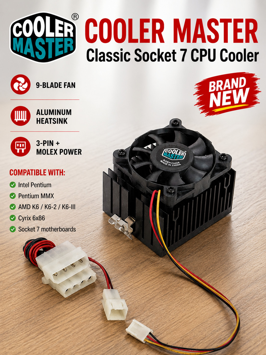 VINTAGE Cooler Master Socket 7 CPU Heatsink Fan Pentium MMX AMD K6 3 and 4-Pin