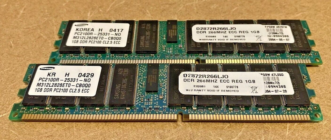 Lot Of 2x1GB ECC REG DDR Samsung IBM 266MHz Server RAM Memory m312l282et0-cb0q0