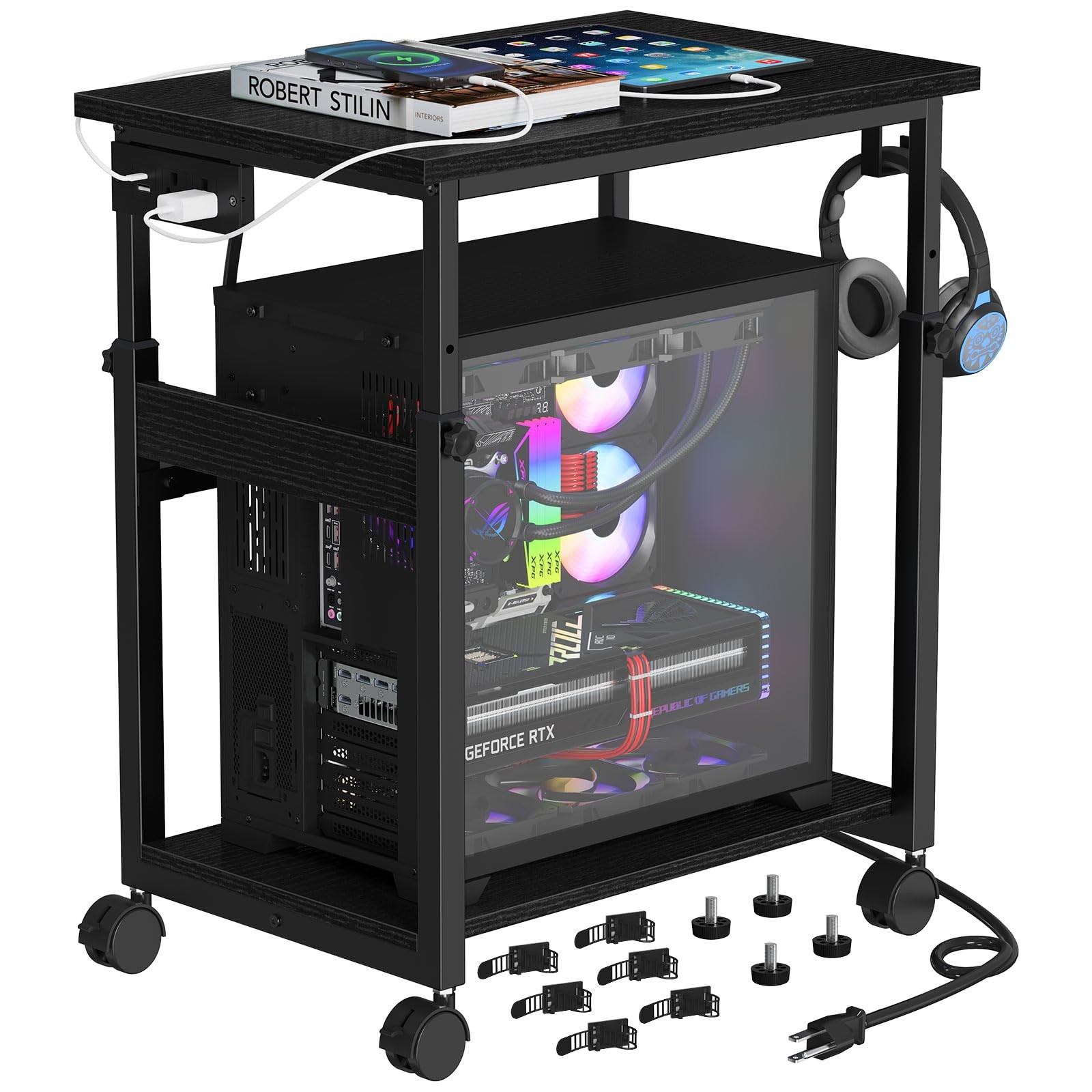 Extra-Large Computer Tower Stand with Charging Station, Adjustable PC Tower S...