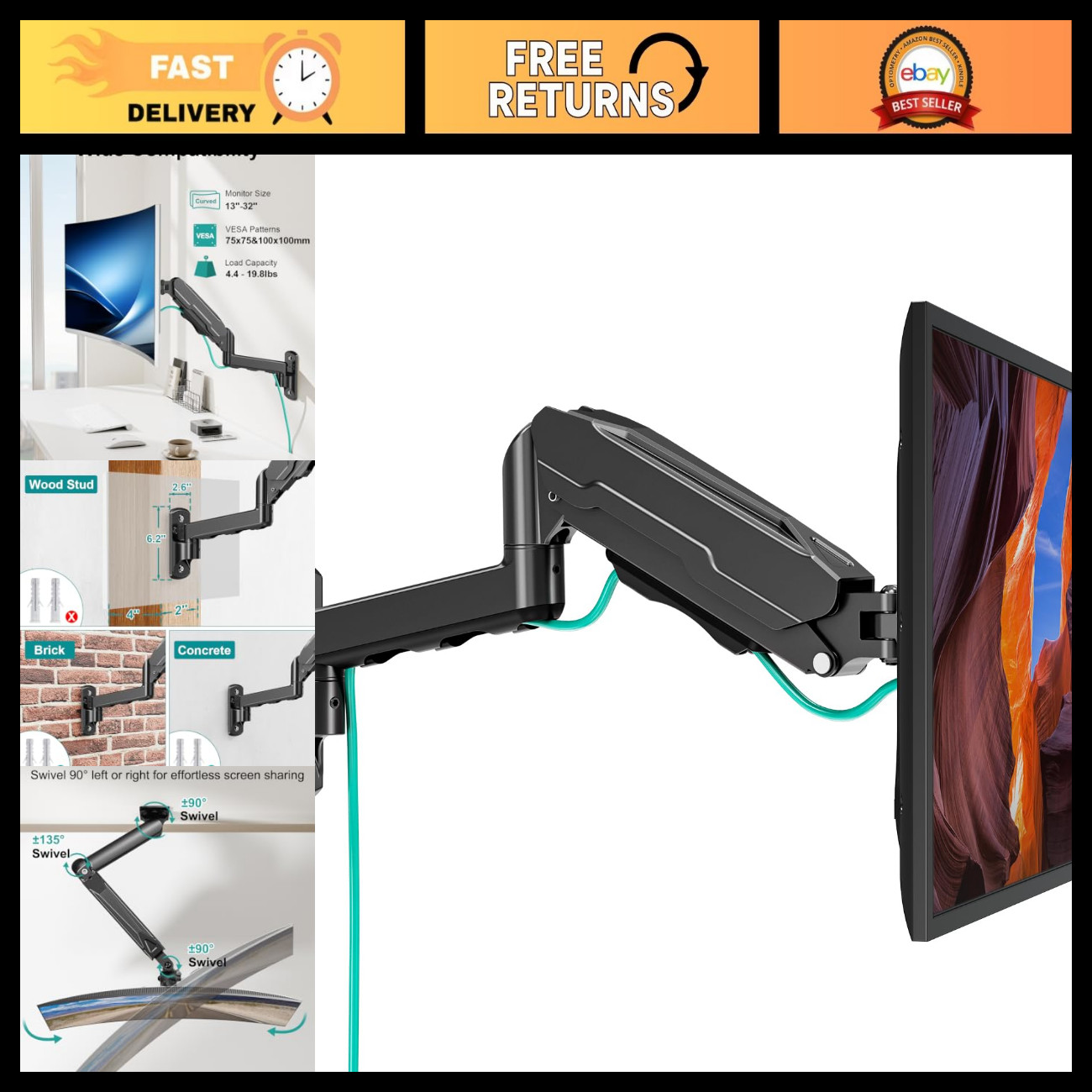 MOUNT PRO Single Monitor Wall Mount for 13 to 32 Inch Computer Screens, Height A