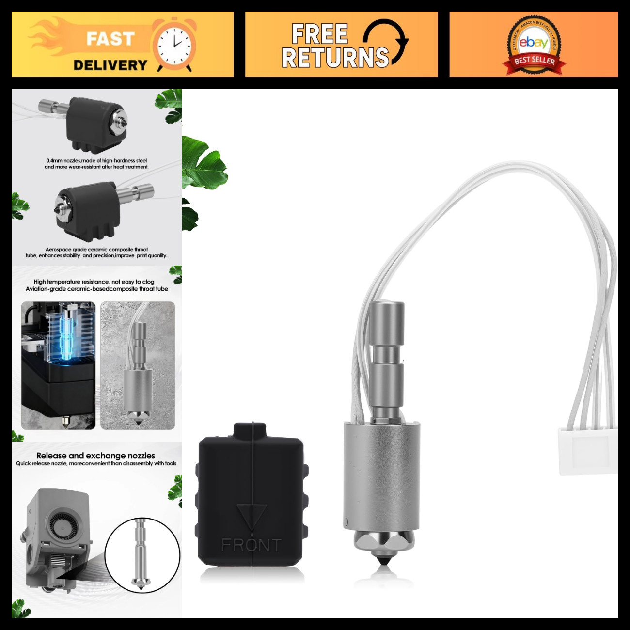 High-Temperature 0.4MM Hotend for 3D Printers, Hardened Steel Nozzle, Heater Blo
