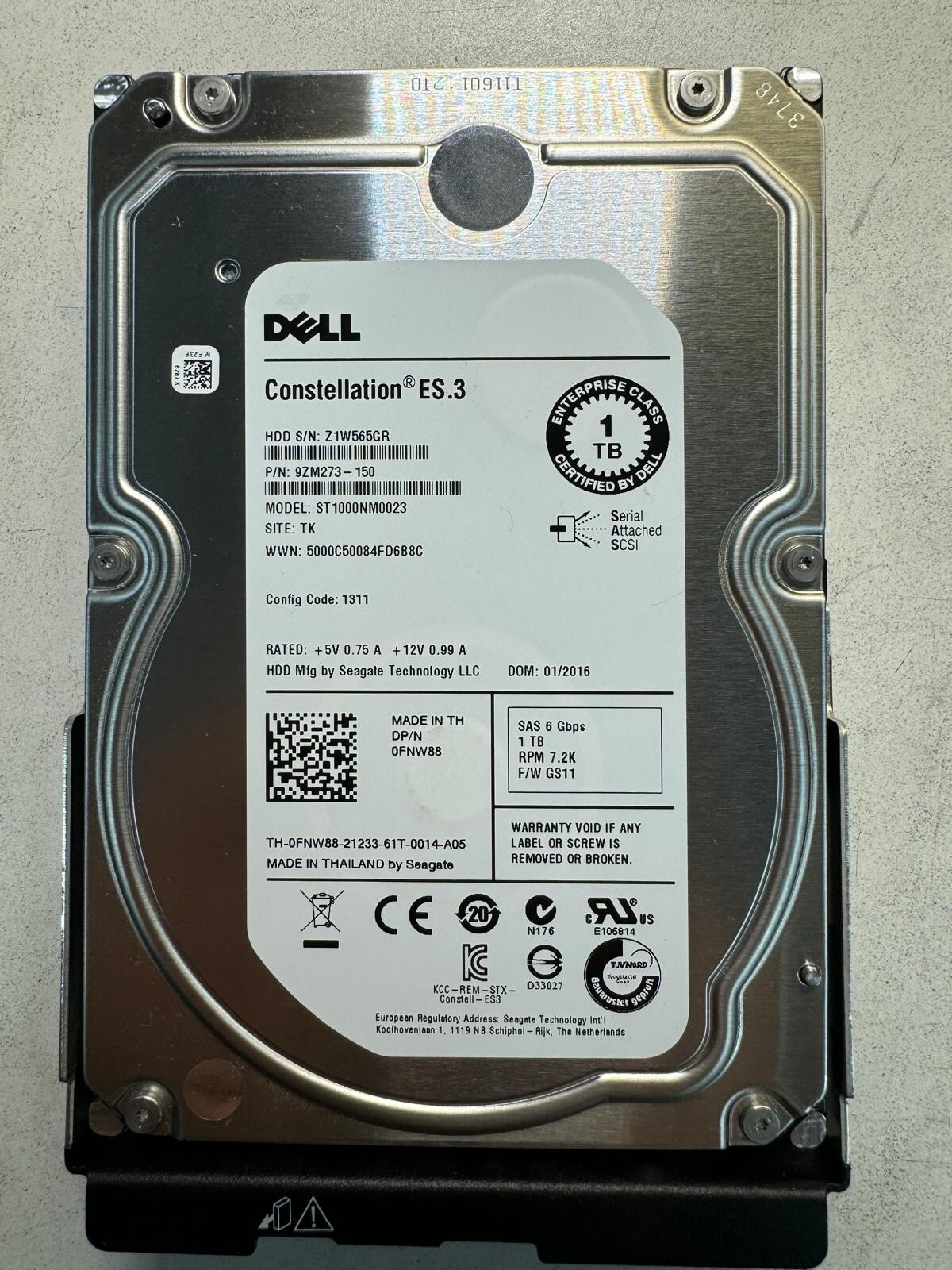 DELL FNW88 ST1000NM0023 9ZM273-150 1TB 7.2K RPM Cache 128MB 6Gb/s SAS 3.5" HDD