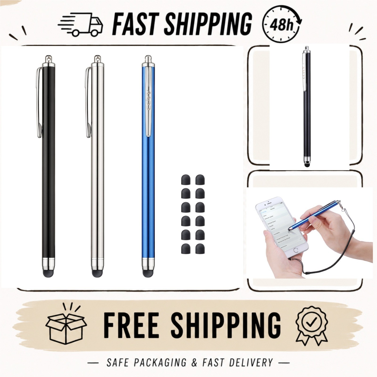 3 Pack Stylus Pens for Touch Screens 12 Replacement Tips Black Silver Blue