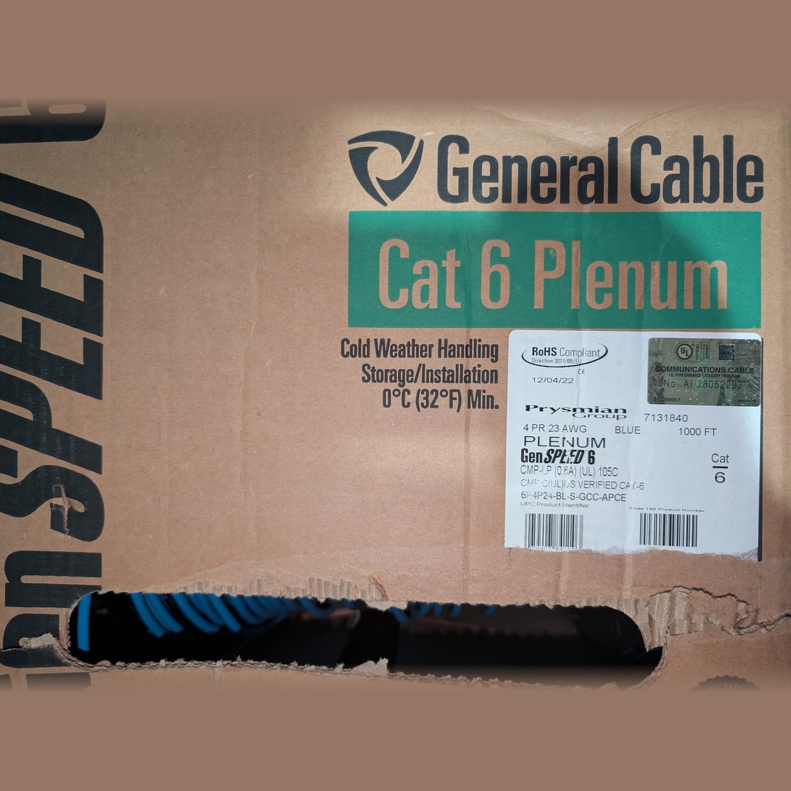 General Cable GenSPEED 6 Cat6 Plenum CMP 1000ft Blue 23AWG Solid Copper NEW