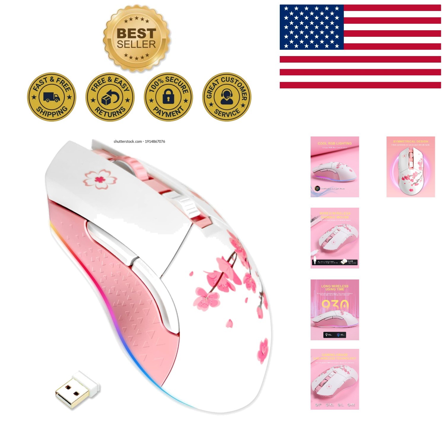 Cherry Blossom Wireless Gaming Mouse - High DPI Precision & Ambidextrous Design