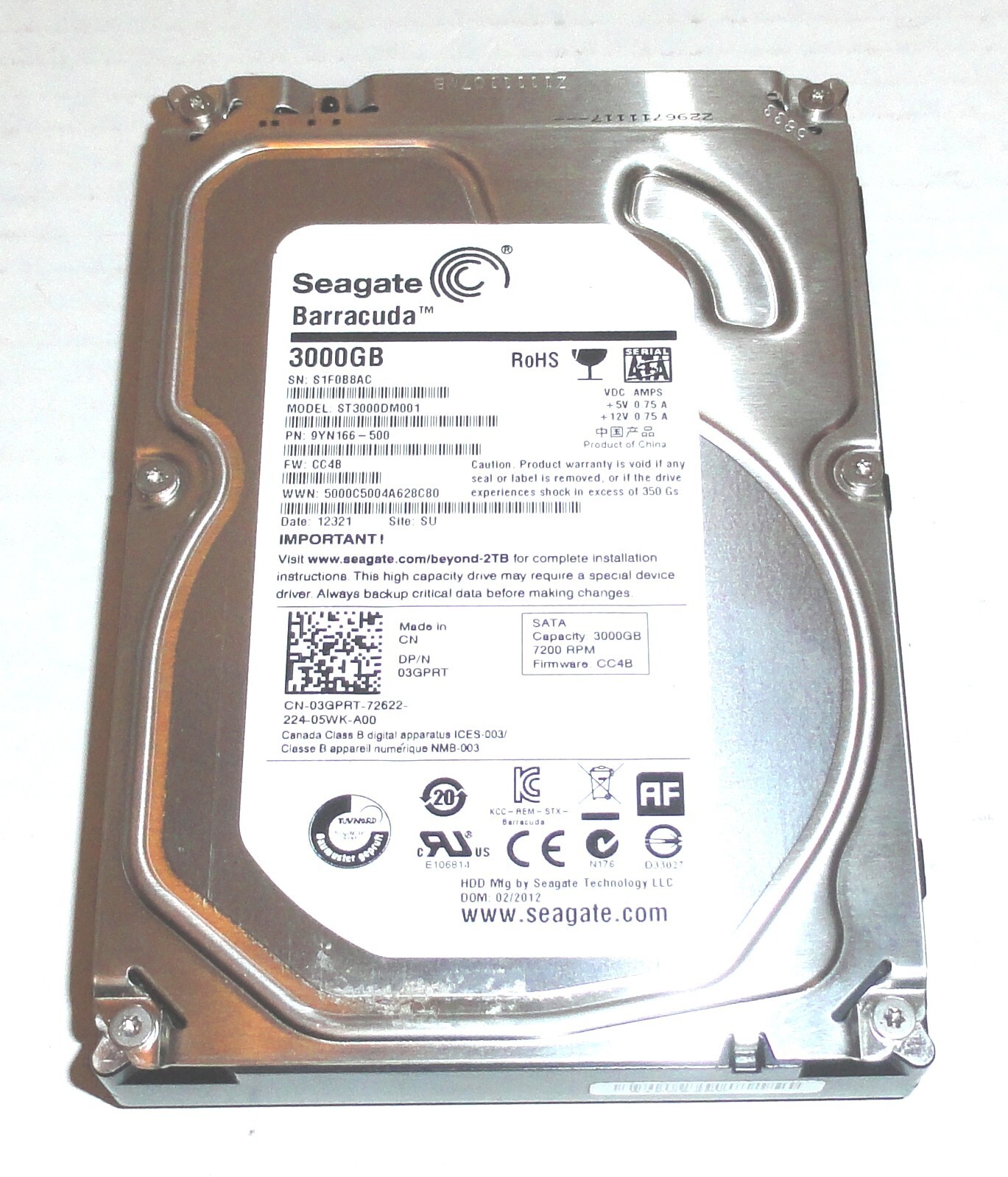 Seagate ST3000DM001 3TB Sata Hard Drive P/N:9YN166-500 F/W: CC4B SU S1F