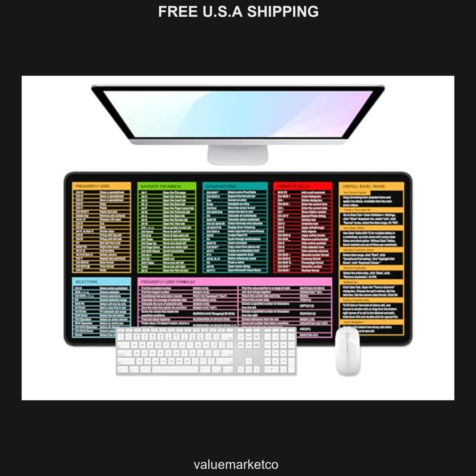 Large Desk Mouse Pad, 32 x 16 Inch Gaming Mat with Excel Shortcuts, Non-Slip