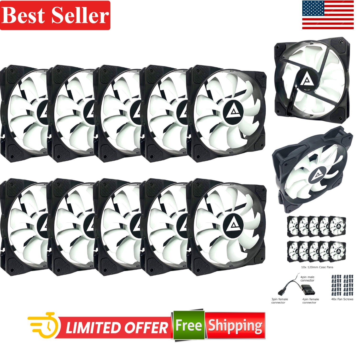 120mm Case Fan 4pin Molex & 3pin Compatible With Motherboards 10-Pack