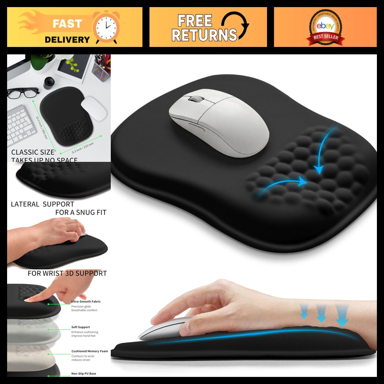 Ergonomic Memory Foam Wrist Support Mouse Pad for Carpal Tunnel Relief, U-Shaped
