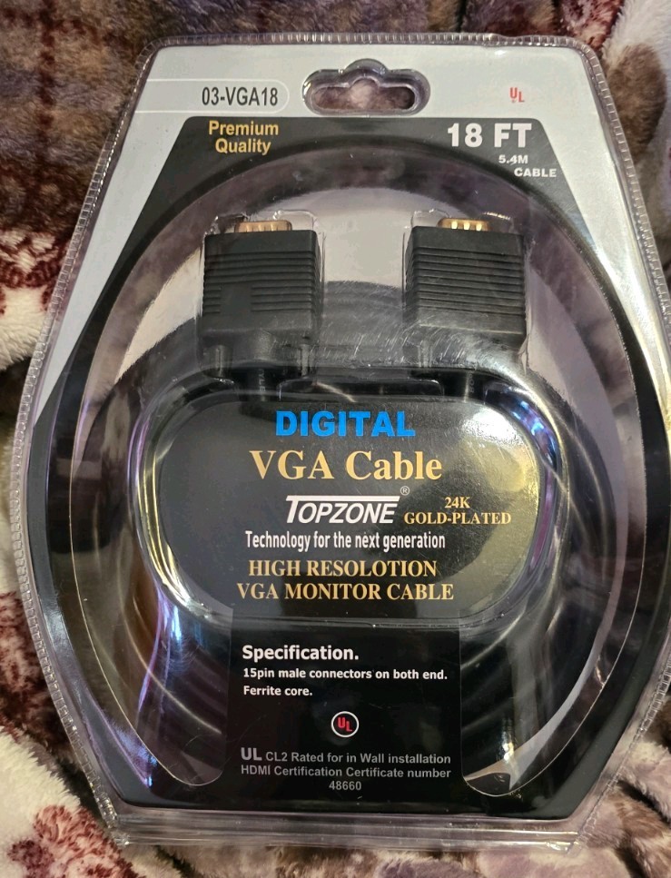 Topzone 18 FT VGA/SVGA Cable Gold Plated High Resolution Black 03-VGA18