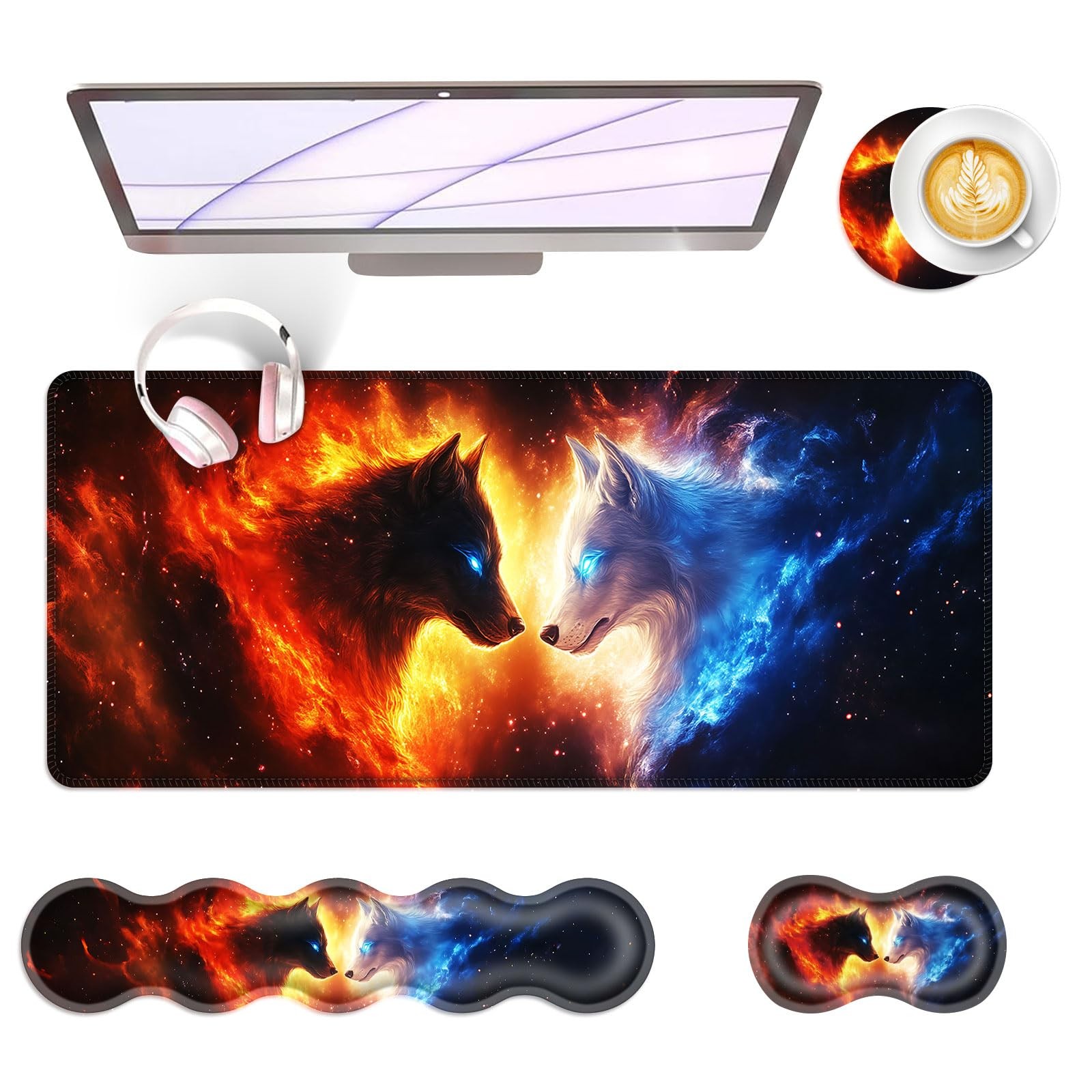 4 PCS Large Keyboard Mouse Pad Set 31.5x11.8 Inch Memory Foam Cool Wolves Pad