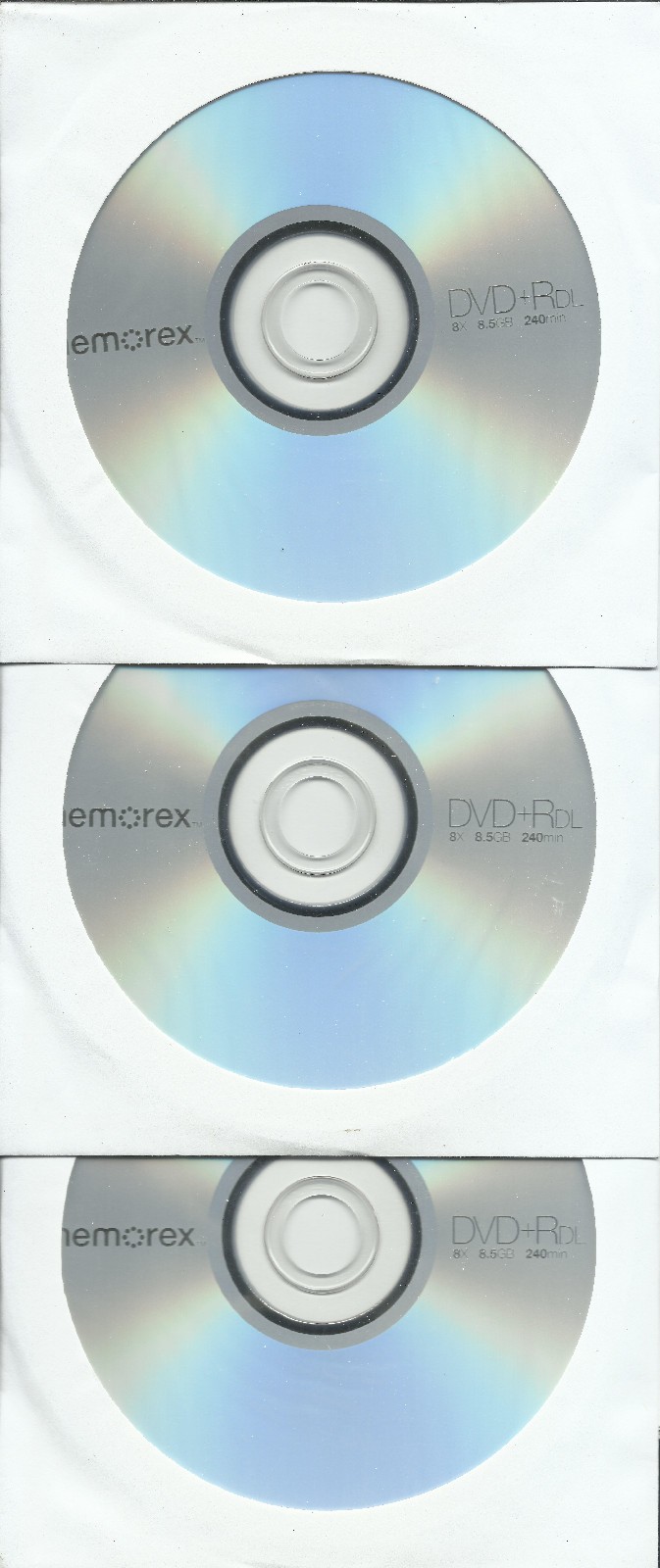 3 new Memorex Dual Layer DVD+R DL Double Capacity Single sided 8x 8.5gb 240min