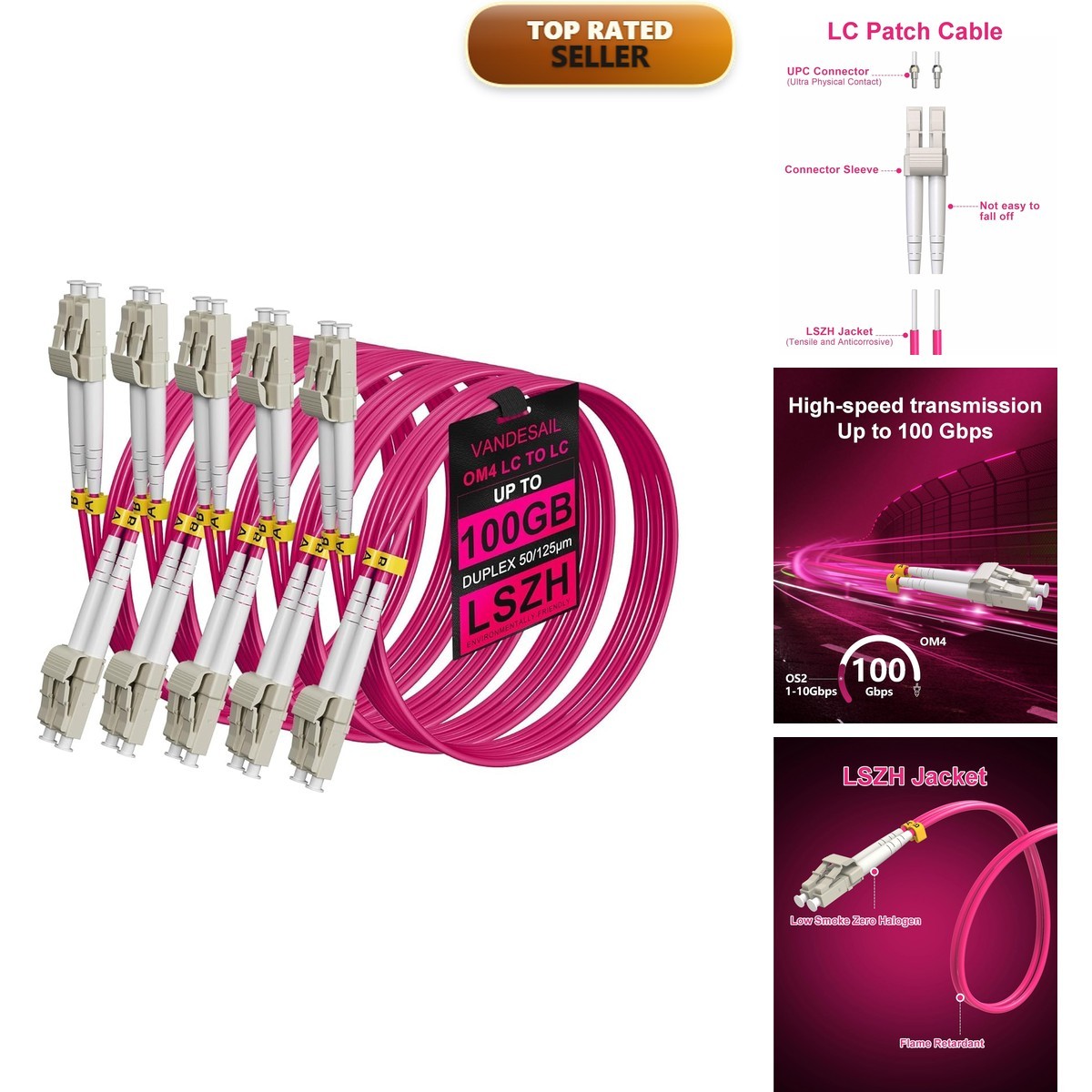 VANDESAIL OM4 LC LC Multimode Fiber Patch Cable, 4M(13.1FT), 5 Pack