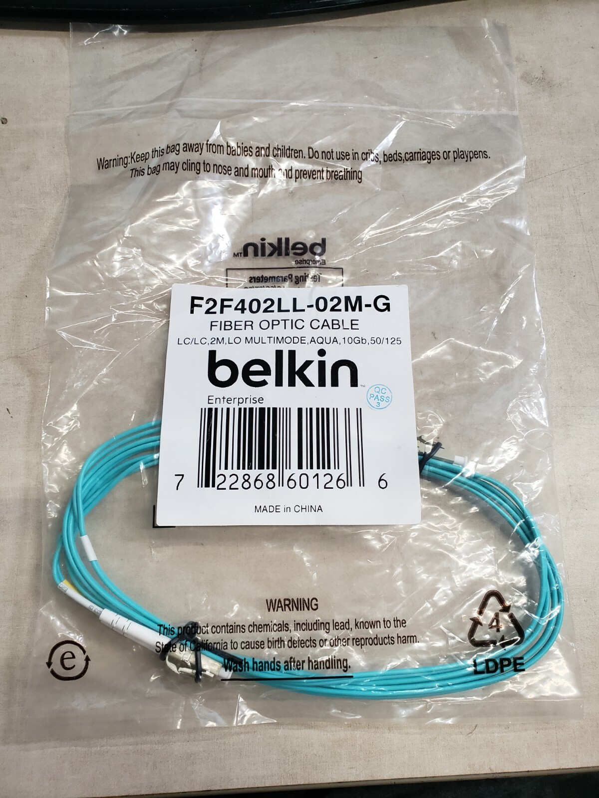 Belkin F2F402LL-02M-G Fiber Optic Duplex Patch Cable Network 2m 10GB Aqua LC