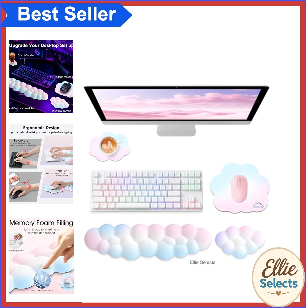 4-in-1 Cloud Wrist Rest for Keyboard Memory Foam Ergonomic Set with Mouse Pad