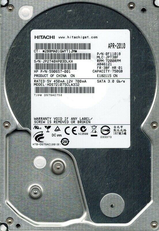 HDS721075CLA332 P/N: 0F11018 MLC: JPT3BF China Hitachi 750GB