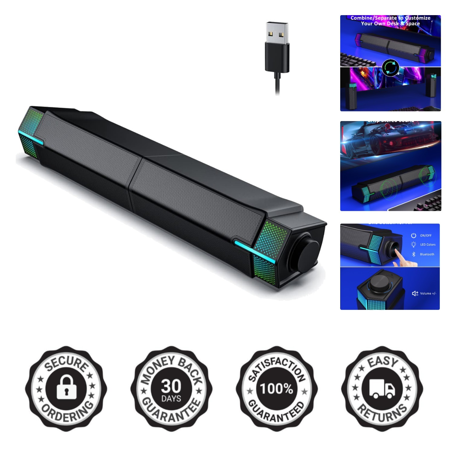 M20 Bluetooth 10W Computer Speakers with RGB Lighting - Customizable Soundbar