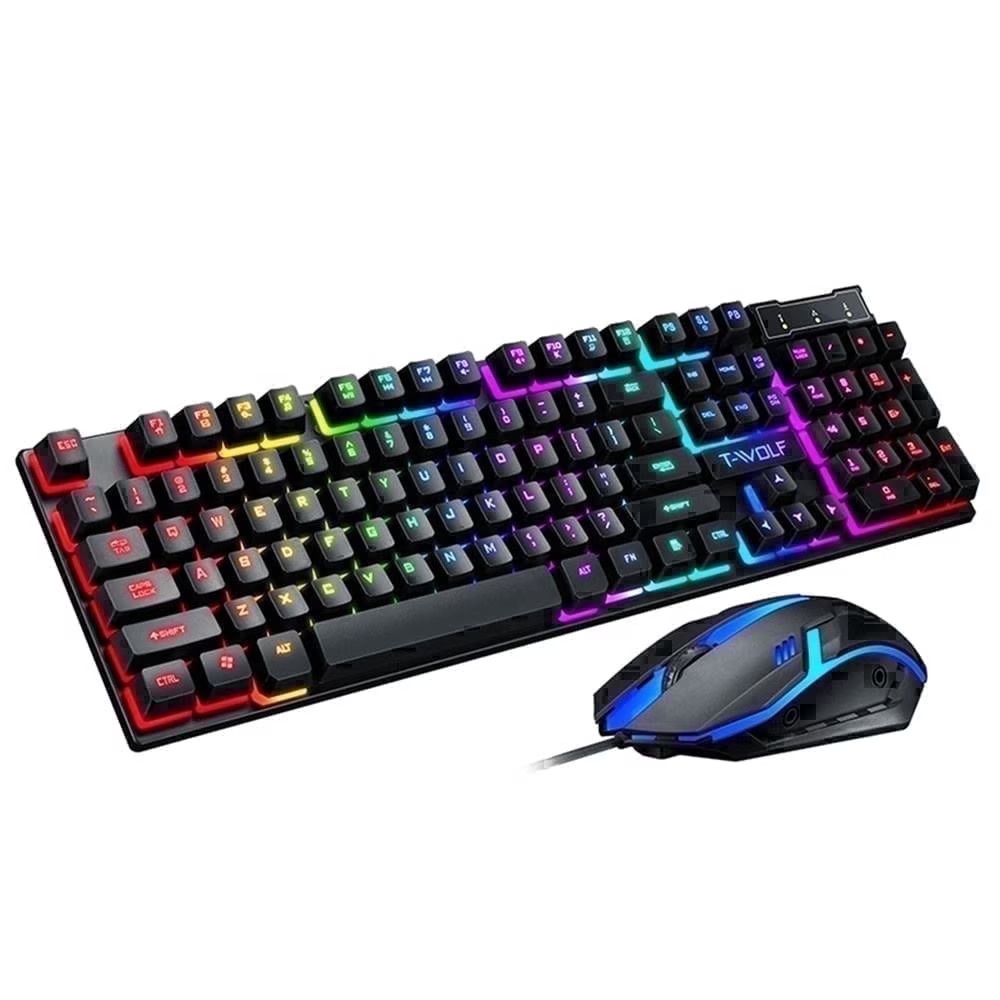 T-WOLF TF200 Wired Gaming Keyboard & Mouse Combo with Rainbow RGB, Black