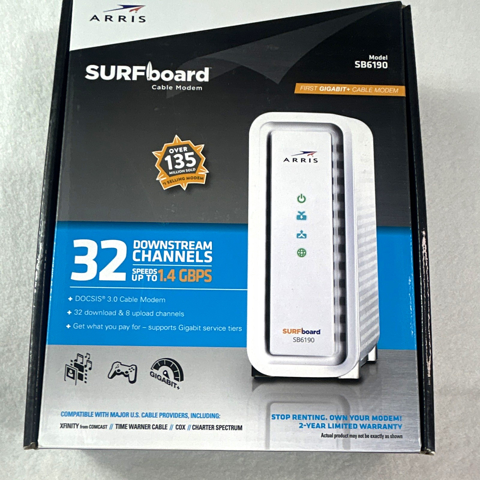 ARRIS SURFboard SB6190 DOCSIS 3.0 Cable Modem 32x8 1.4 Gbps White