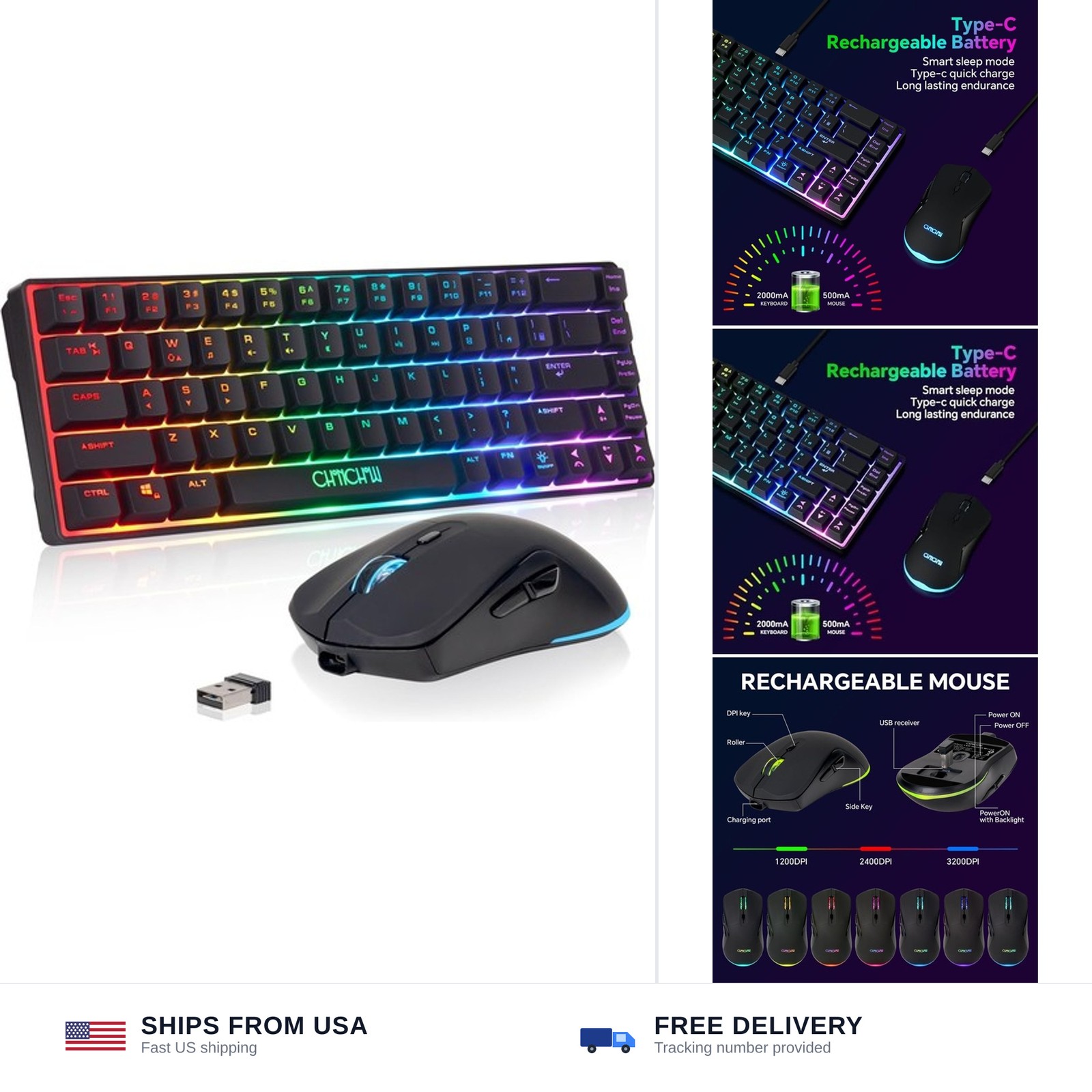 CHONCHOW 60% Wireless Gaming Keyboard and Mouse Combo, RGB Backlit Rechargeab...