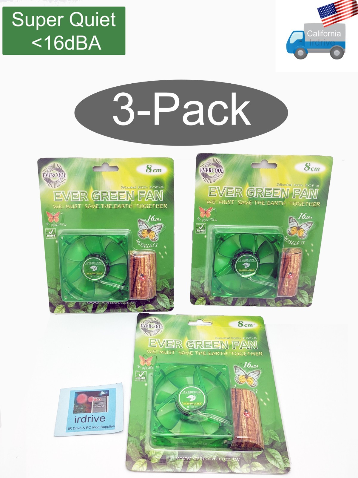 3pack: 16dBA Super Quiet Evercool Ever Green 80mm 3pin PC Case Cooling Fan EGF-8