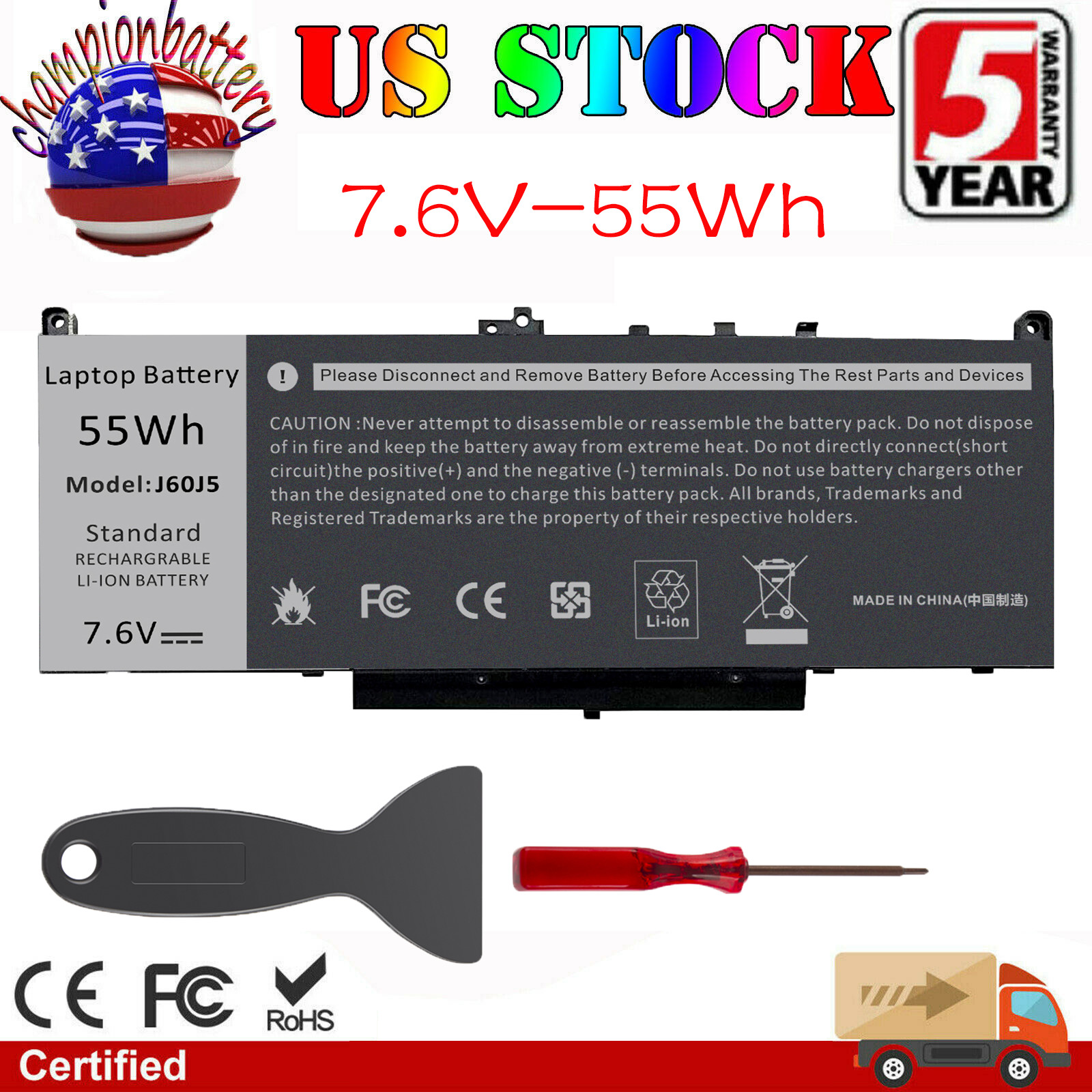 55Wh Laptop Battery For Dell Latitude E7270 E7470 Series R1V85 MC34Y 7.6V J60J5