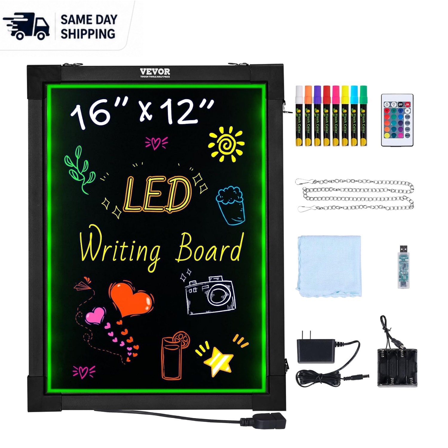 Versatile Erasable LED Chalkboard Sign, Remote Control & 8 Markers Included