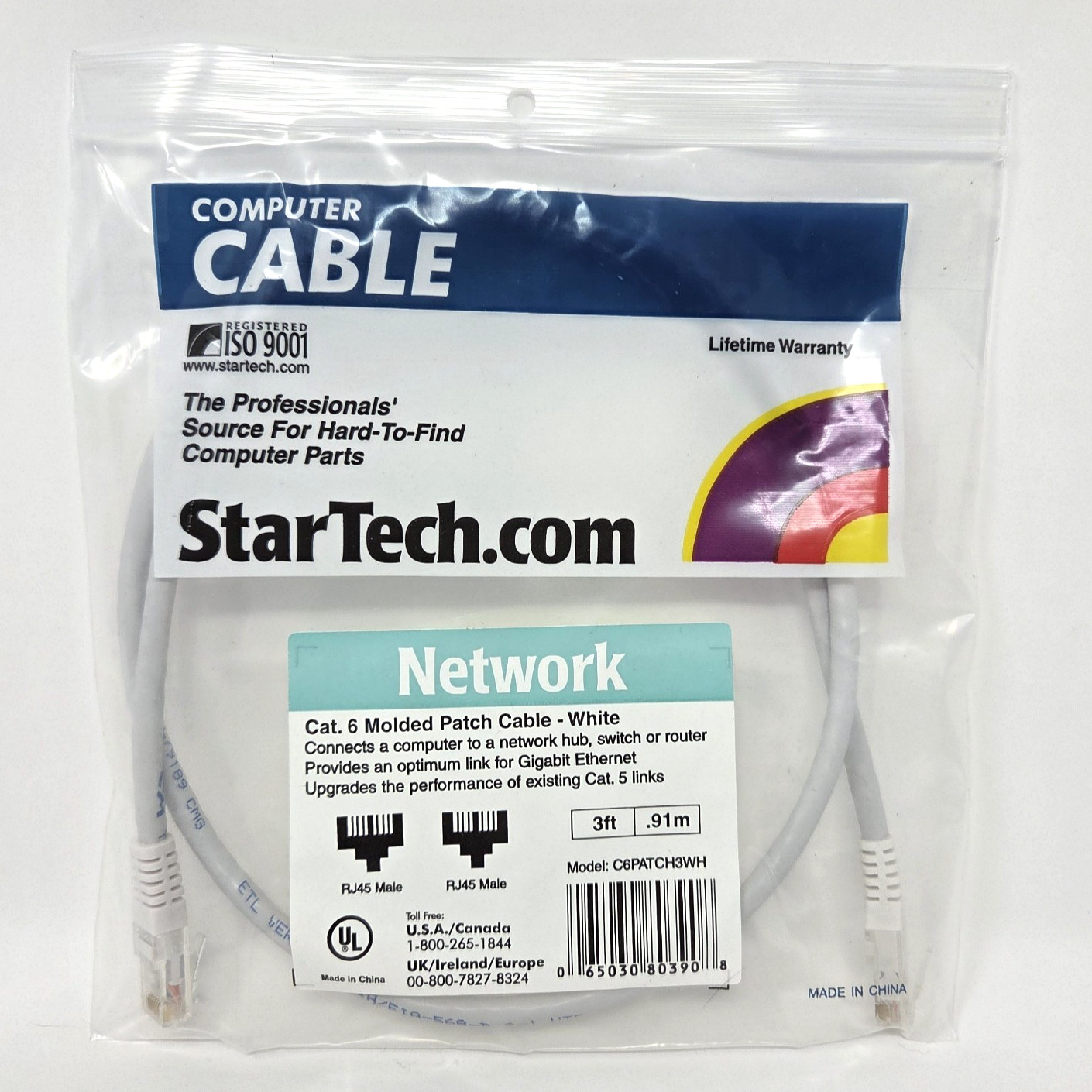 3ft Ethernet Cable Cat6 RJ45 Network Cord Molded Patch Cable White