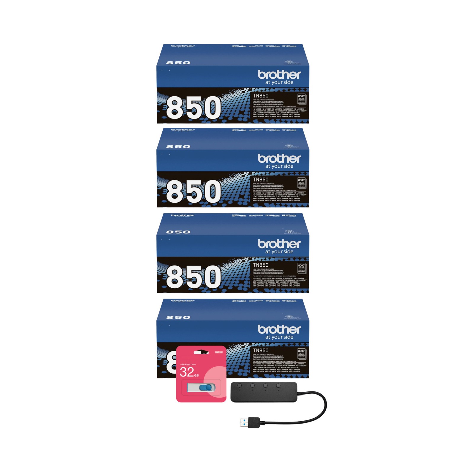 Brother Genuine TN850 High-Yield Black Toner Cartridge 4-Pack with Accessories