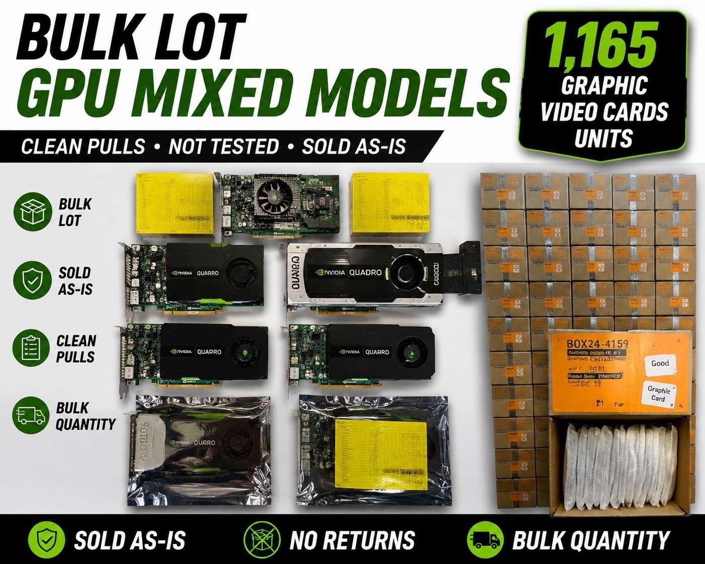 Bulk Lot 1165 Mixed Graphics Video Cards NVIDIA Quadro GeForce AMD HP Intel