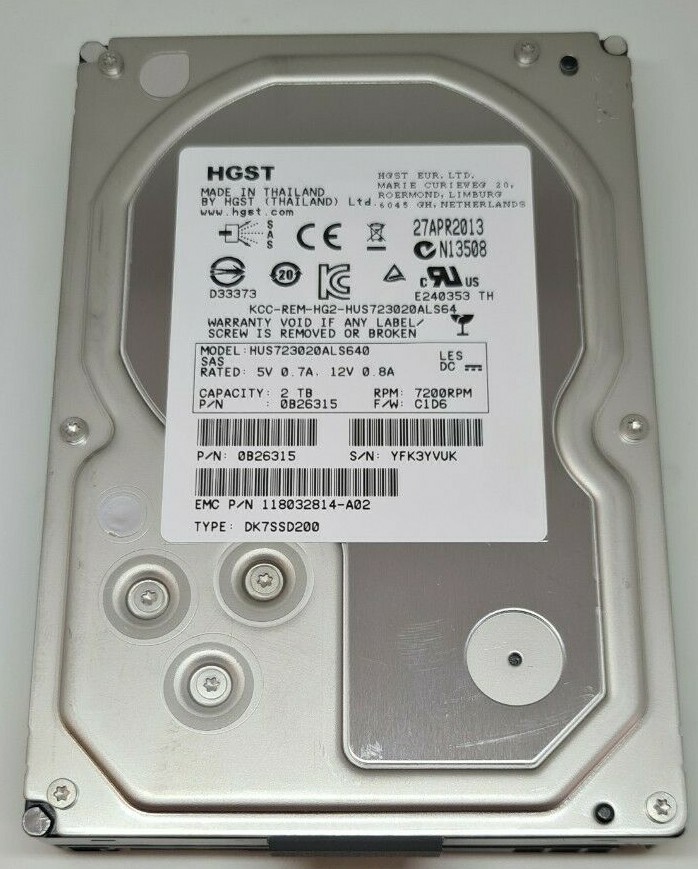 HGST/EMC HUS723020ALS640 2TB SAS 3.5" 6Gbps 7.2K HDD 0B26315 0B26312