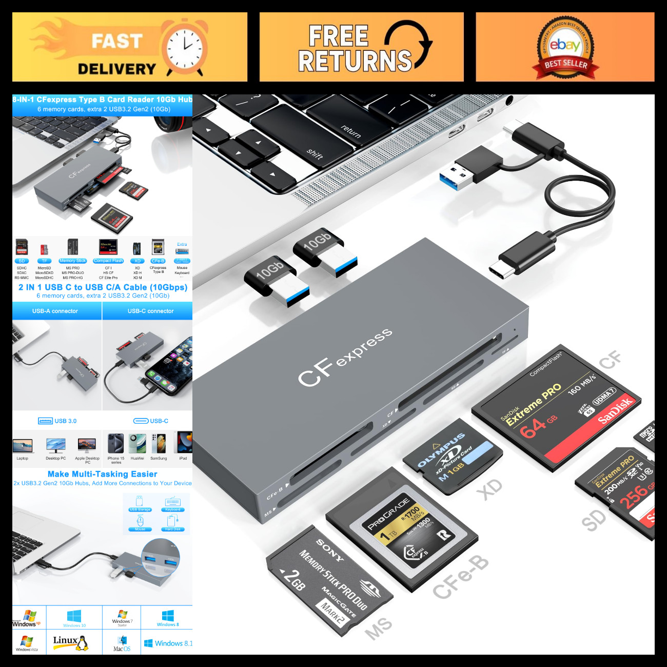 8-in-1 CFexpress Type B Card Reader Hub, 10Gbps USB3.2, Reads 6 Cards + 2 USBs