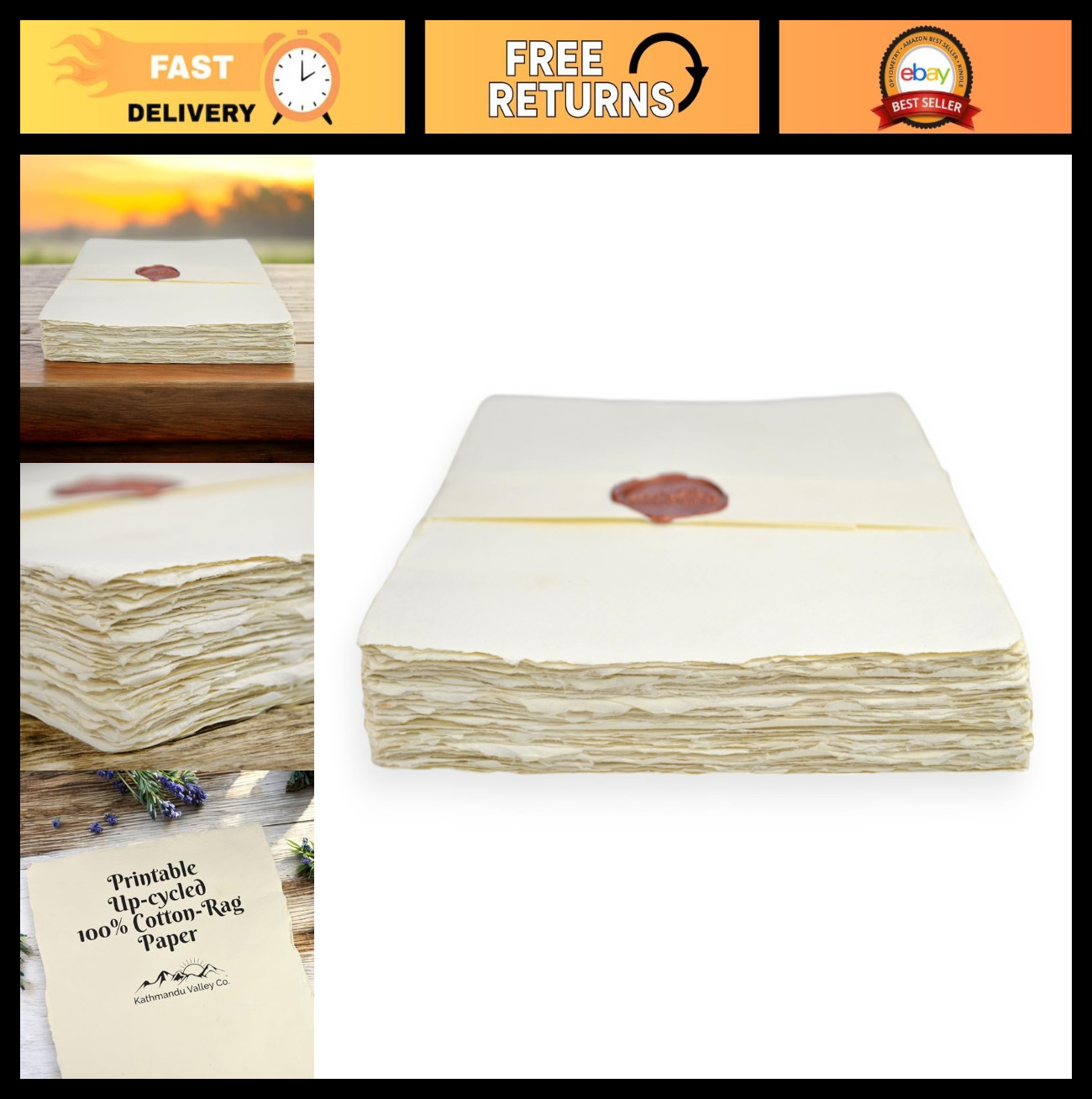 Vintage Off-White Deckle-Edge Handmade Printer Paper, 100% Cotton, 100 Sheets, 9