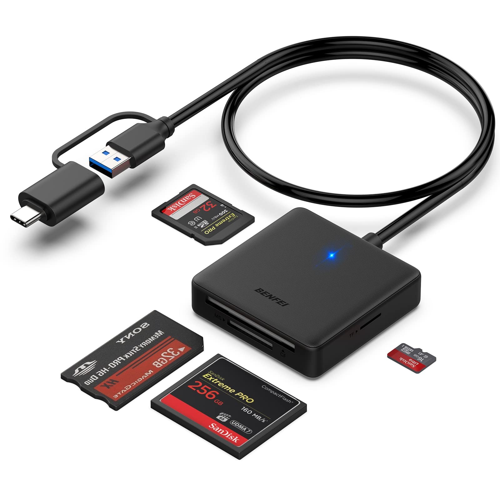 Memory Card Reader, Benfei 4In1 Usb 3.0 And Usb-c To Sd Micro Sd Ms Cf
