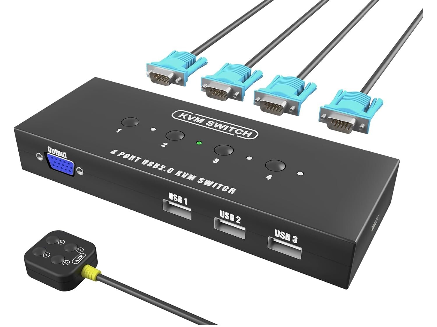 KVM Switch VGA 4 Port for 4 PCs – USB 2.0, Driver-Free, with Cables & Controller