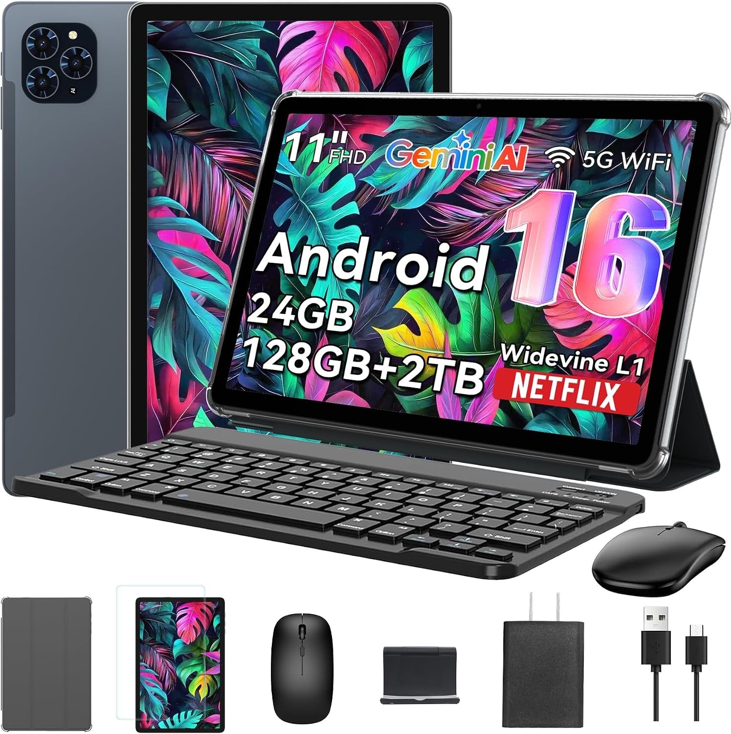 TABWEE T90 - 11" Android 16 with Keyboard Gemini AI 3.5, 24GB+128GB RAM - GRAY