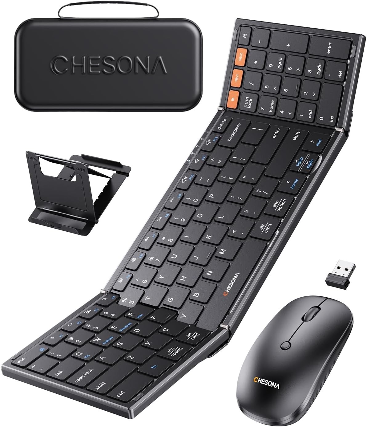 CHESONA Foldable Keyboard and Mouse Combo - Ultra Slim 600g with 2.4G+Dual Bluet