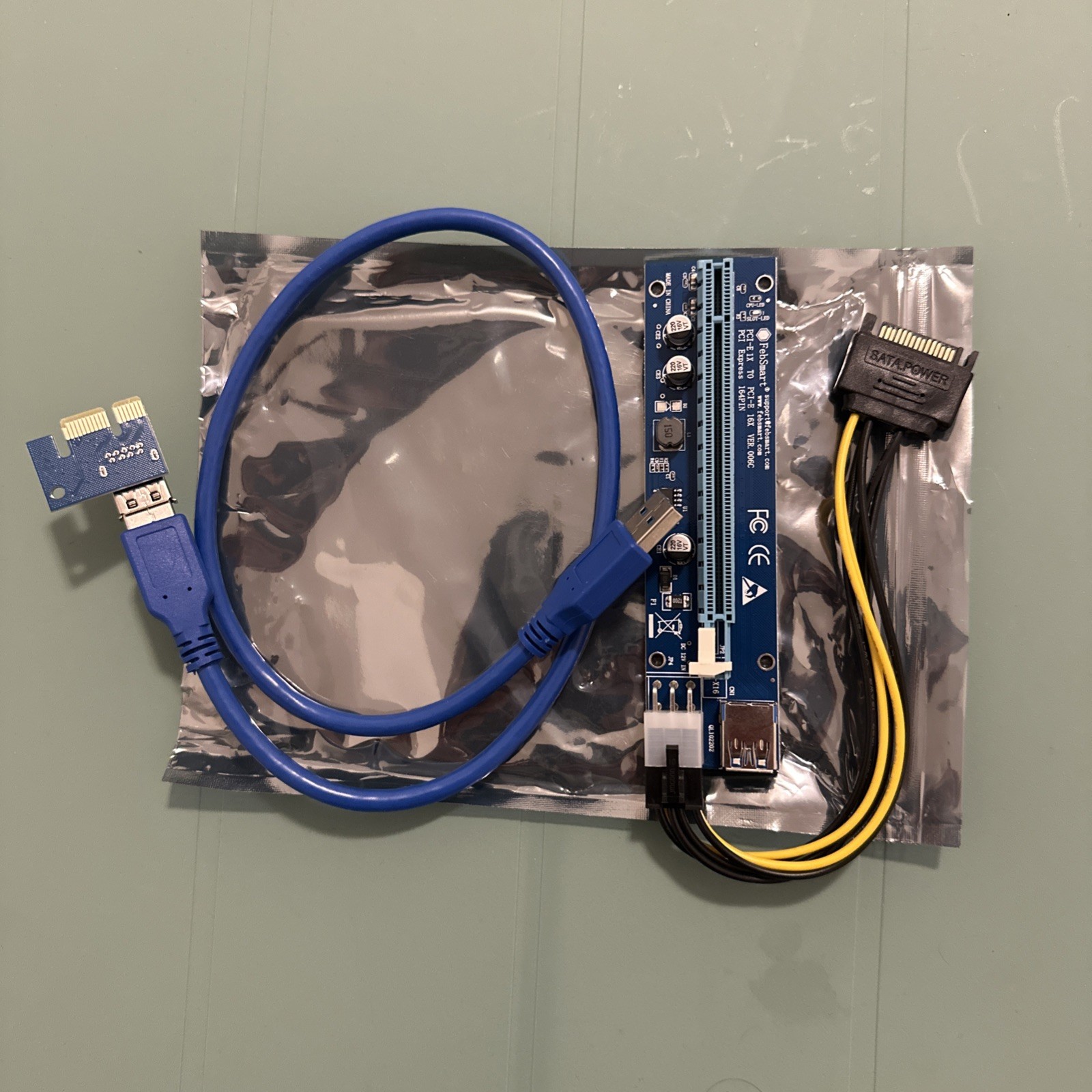FebSmart PCI-E Riser PCIe Ver 006C 6 PIN 16x to 1x Powered Riser Adapter Card