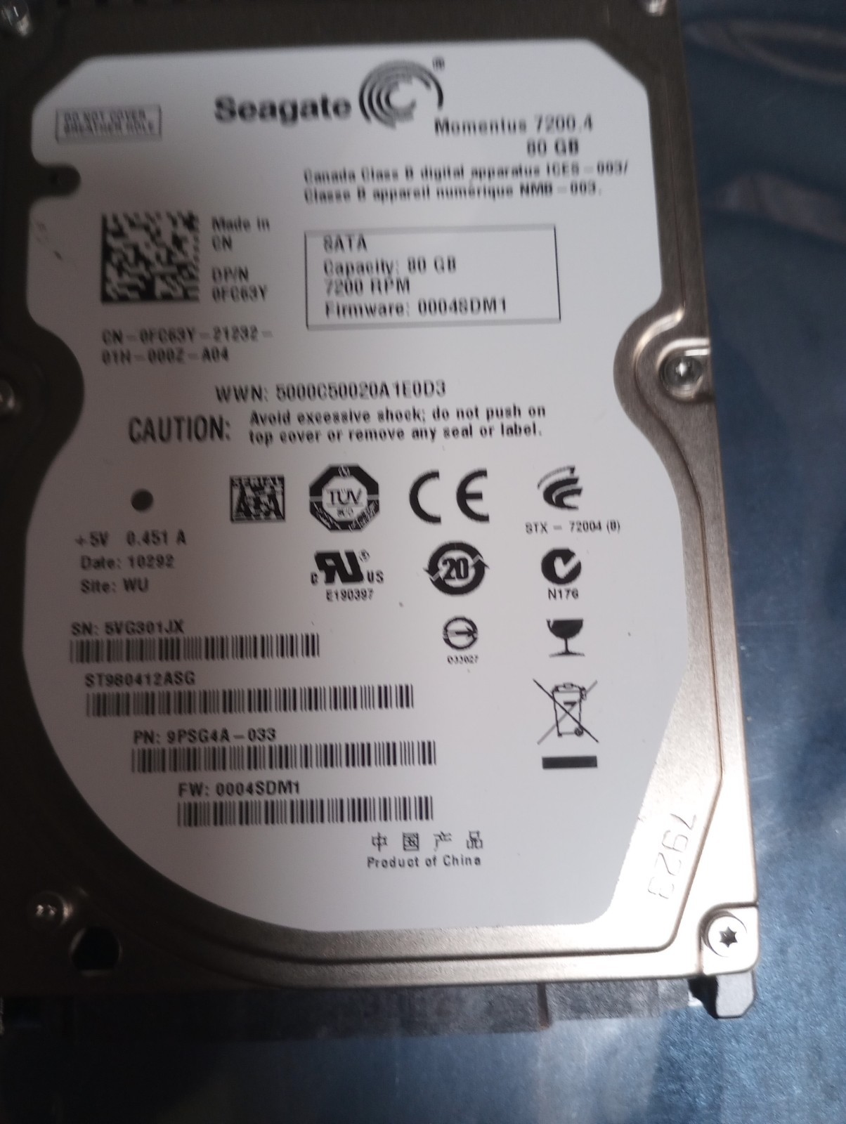Seagate Momentus 80GB Internal 7200RPM 2.5" HDD / ST980412ASG