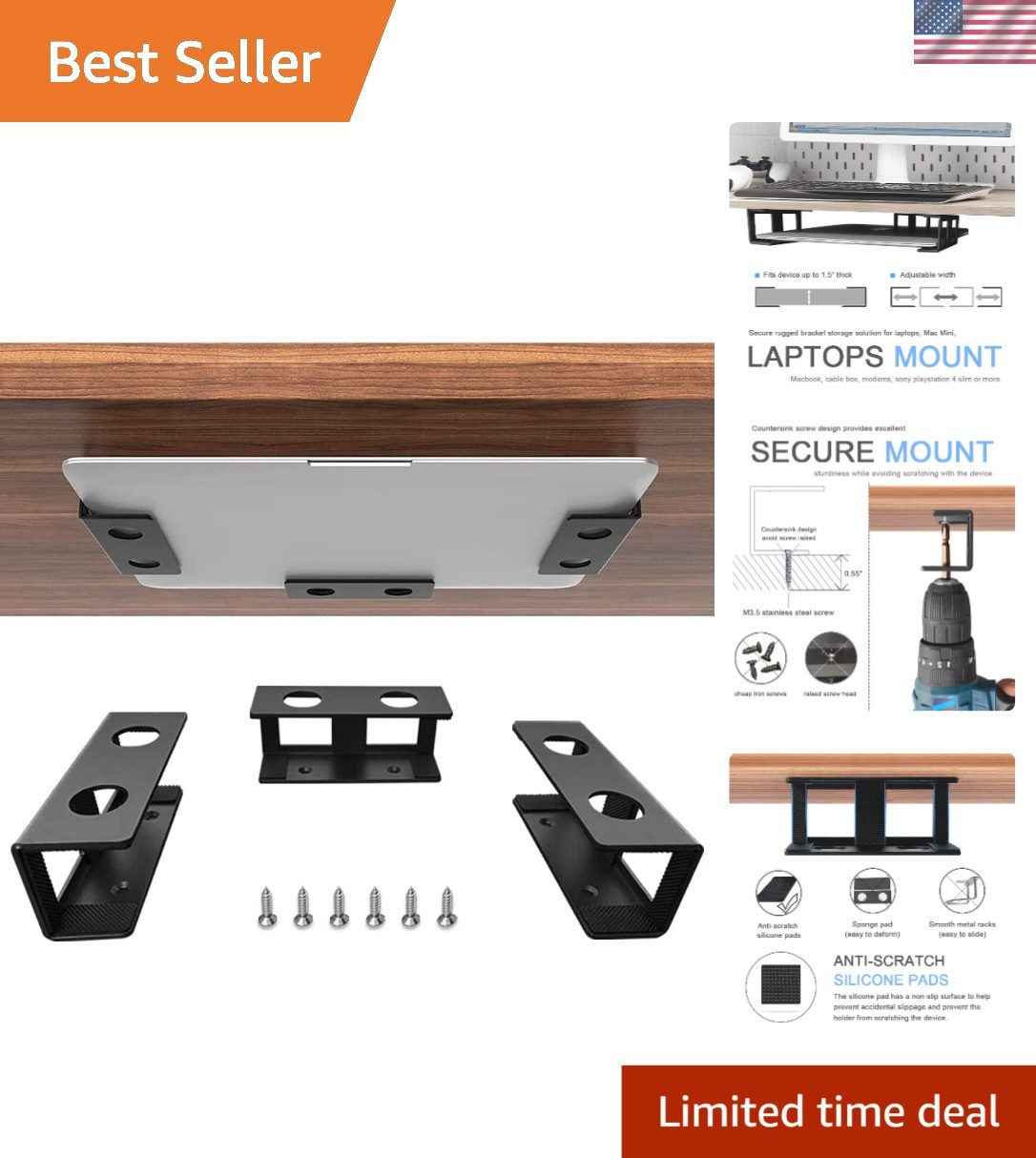 Sleek Under Desk Laptop Mount - Maximize Space with Anti-Scratch Protection