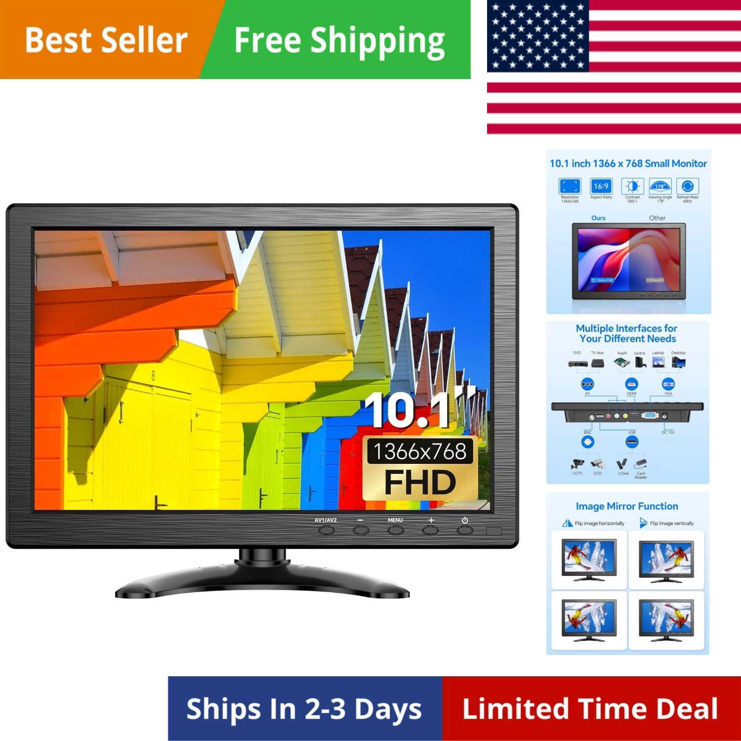 10.1 inch Security Monitor 1366x768 Resolution, Small HDMI Monitor Supporting...