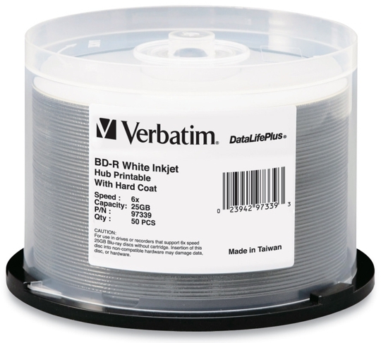 50-Pak 25GB Verbatim 6X =WHITE INKJET HUB PRINTABLE= BLU-RAY BD-R's, #97339