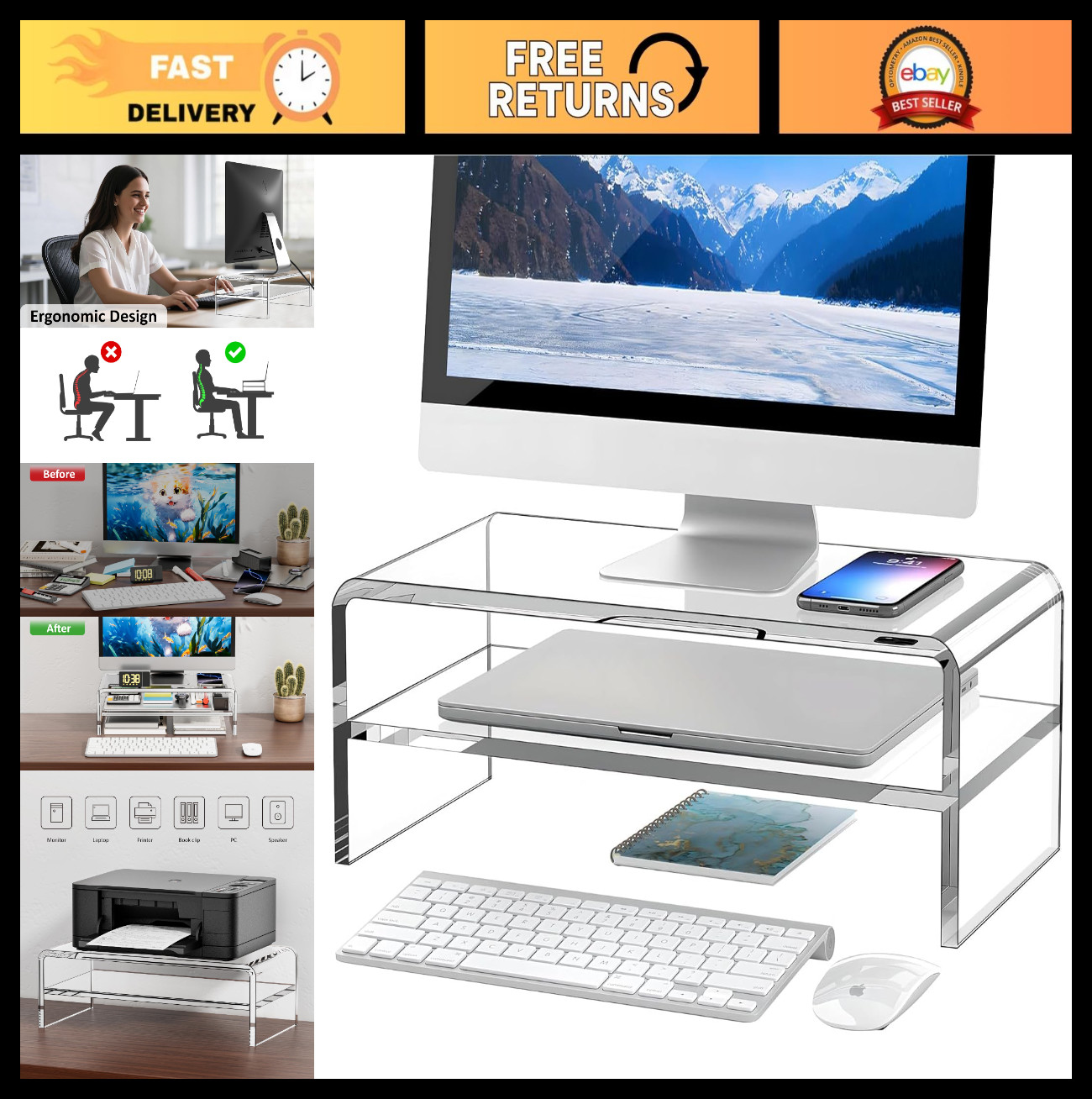 Clear Acrylic Monitor Stand Riser 2 Tier - 5.12" High Desk Organizer Shelf for P