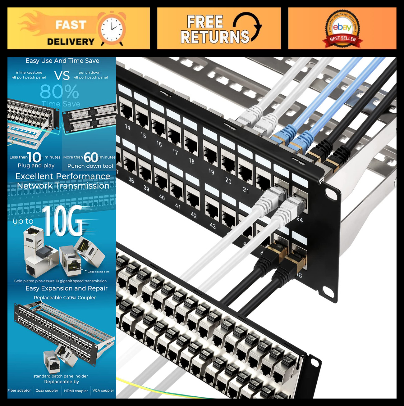 48-Port Cat6A Patch Panel, 10G Support, STP Shielded, 1U Network Panel for Cat5e