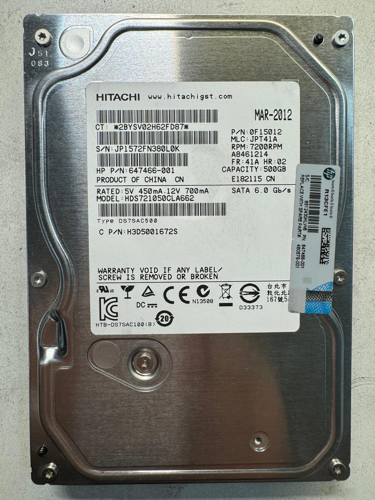 HP 647466-001 HDS721050CLA662 500GB 7.2K RPM 16 MB Cache 6 Gb/s SATA 3.5" HDD